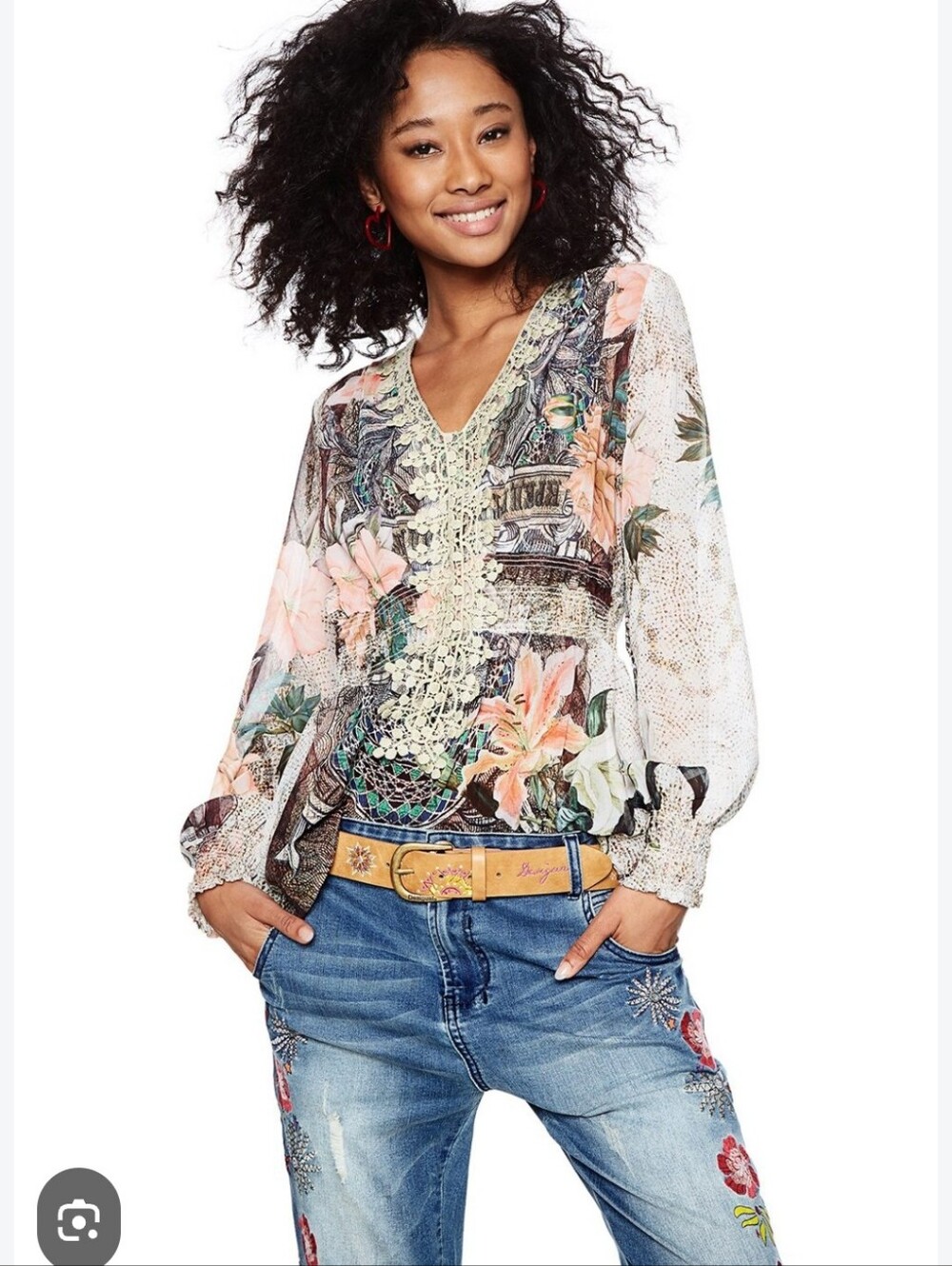 Desigual Modern Lovers Sheer Smocked Blouse Large